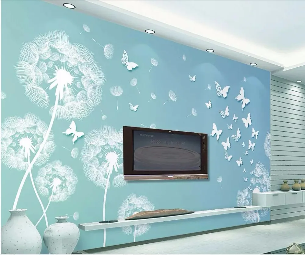Custom mural 3d photo wallpaper Blue dandelion butterfly TV background wall Home decor murals for walls 3 d | Обустройство дома