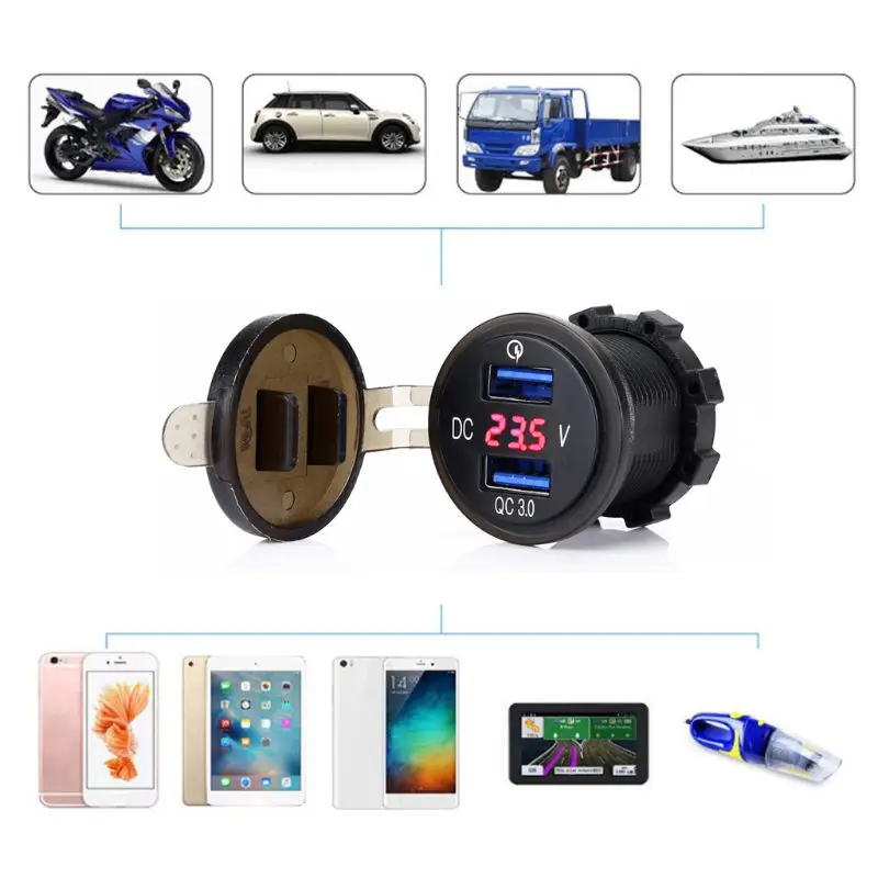 

12V/24V 18W Waterproof Quick Charge 3.0 Dual USB Car Charger Socket LED Voltmeter For Car Marine ATV Motorcycle Truck Golf Cart