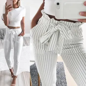 

Fashion Womens High Waist Elastic Bowknot Striped Cotton Long Pants Harem Casual Office OL Long Pencil Pants Trouser Clothes