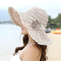 HT1676 2018 New Fashion Women Hat Korea Style Flower Packable Large Wide Brim Hat Anti-UV Adjustable Ladies Floppy Beach Sun Hat 1