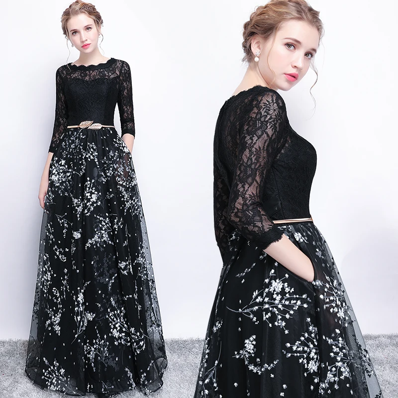 Beauty Emily Banquet Prom Dress The Bride Simple Black Lace Stitching 3/4 Sleeved Long Evening Party Gown Robe De Soiree Beauty Emily Banquet Prom Dress The Bride Simple Black Lace Stitching 3/4 Sleeved Long Evening Party Gown Robe De Soiree