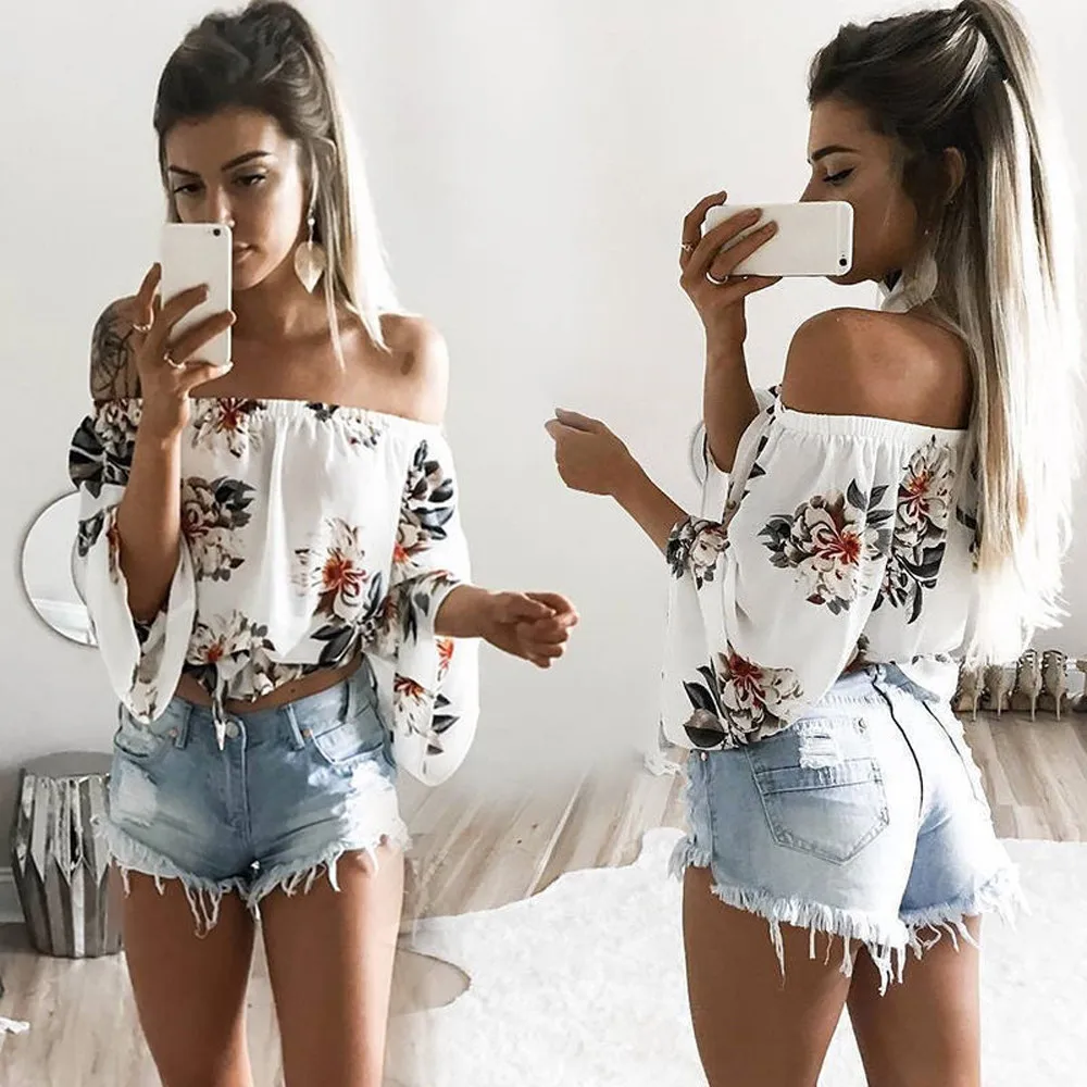 

2019 New Style Floral Print Tank Top Women Summer Off Shoulder Loose Slash Neck T-Shirt Casual Boho Beach Ladies Vest Tops