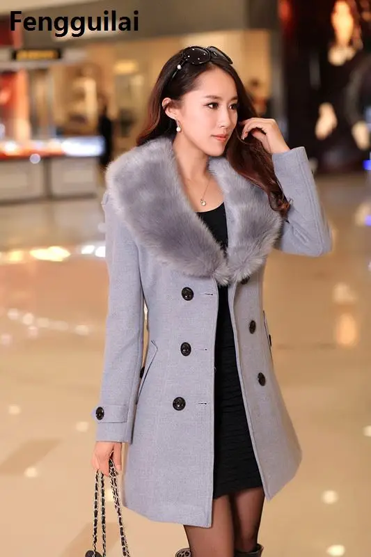 Зимнее шерстяное пальто с меховым воротником размера плюс, облегающее корейское стильное модное женское элегантное пальто 5xl