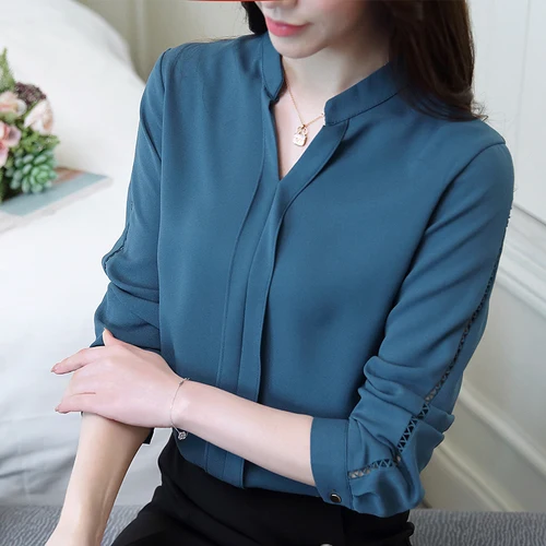 Fashion woman blouses chiffon blouse shirt long sleeve solid blue OL blouse women tops blusa feminina shirt women 0913 40 - Цвет: Королевский синий