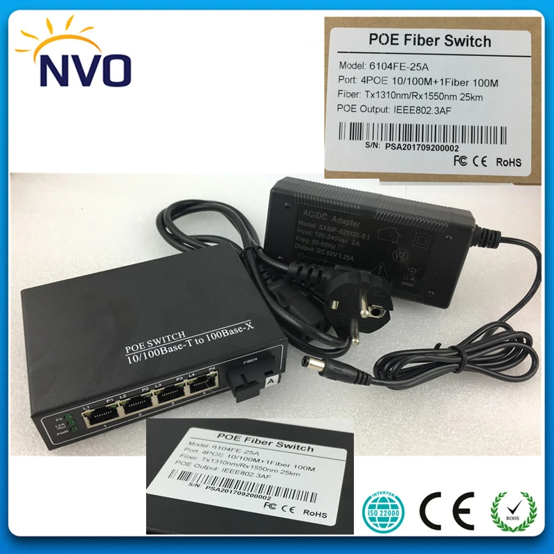 10/100 м 4 POE RJ45 + 100 1 волокно одиночное 25 км 5 портов неуправляемый оптоволоконный