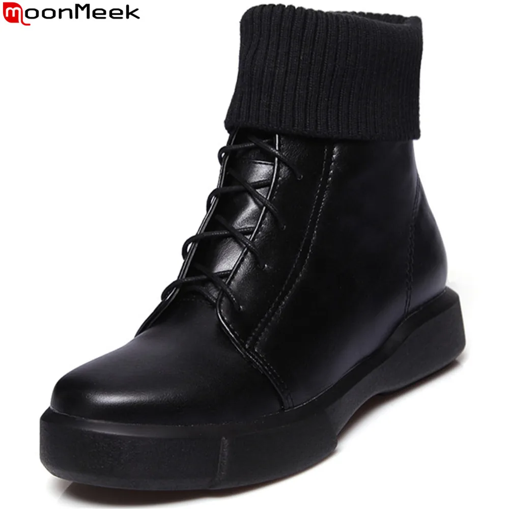 

MoonMeek 2018 fahsion women boots round toe lace up black white flat with autumn winter ladies boots high quality pu ankle boots