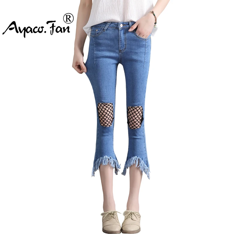 

Woman Jeans Ripped Sexy Denim Flare Pants Elastic Holes in knees Skinny Bottom Flares Women Slim Trousers Lady Summer Leggings
