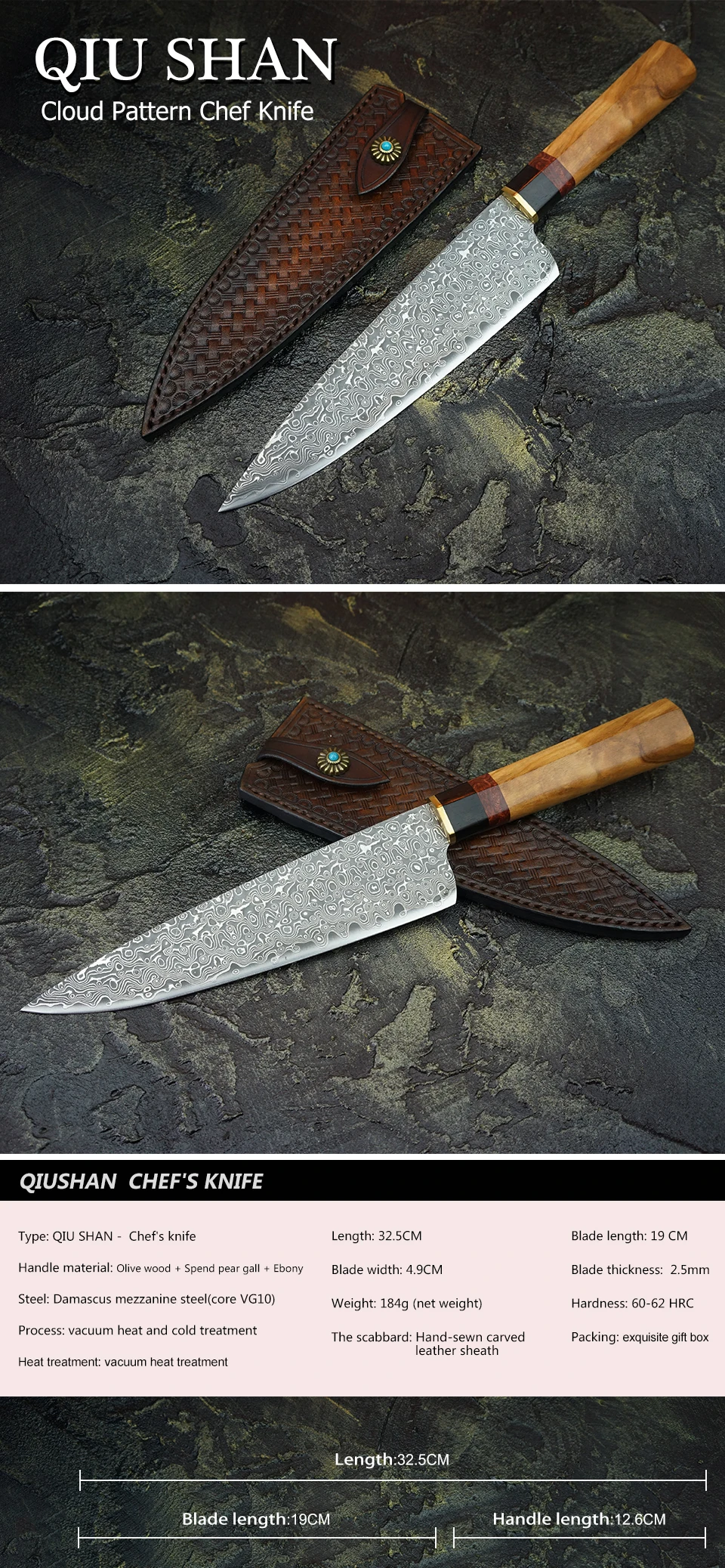 FZIZUO дамасский стальной нож шеф-повара японские ножи Santoku оливковая деревянная ручка кухонные инструменты для приготовления пищи с кожаной оболочкой ручной работы