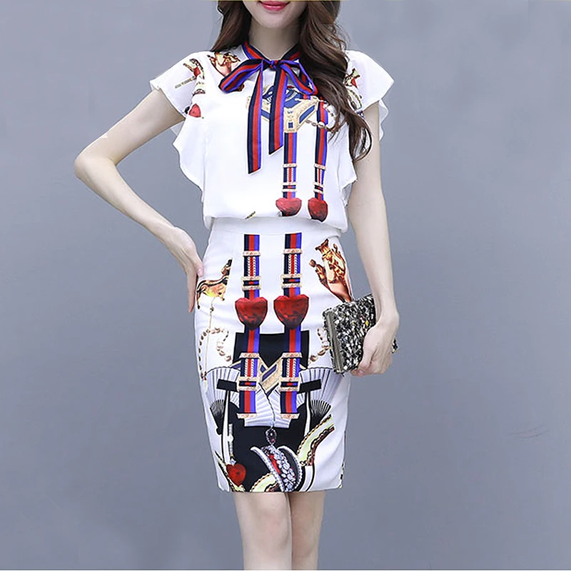 

2019 Fashion Summer Two Piece Set Print Bow tops + Midi Pencil Skirts 2 Piece Skirt Set 2 Piece Outfits for women tracksuit