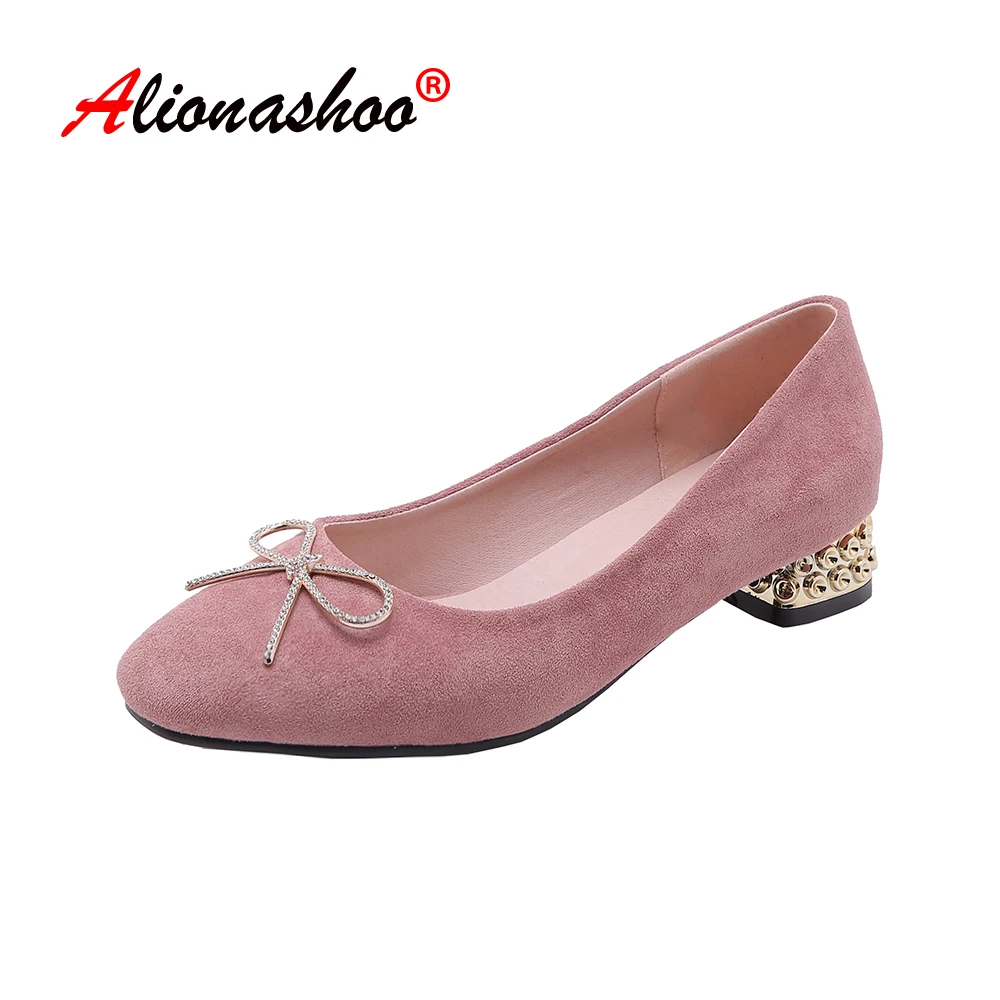 

Ladies Pumps Women Crystal Butterfly Round Toe Flock Slip-On Shoes Square Heel Office Single Shoes Bow Shoes Zapatos De Mujer