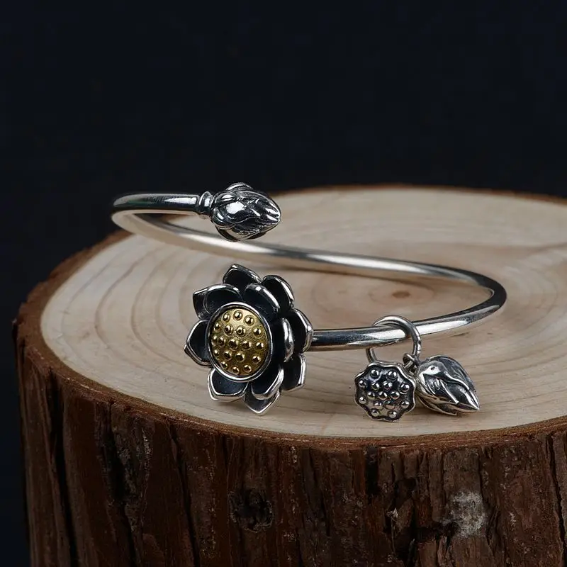 

FNJ Lotus Bangle 925 Silver Adjustable Size 54mm Original S925 Sterling Silver Bangles for Women Jewelry