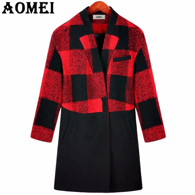 Red and Black Plaid Woolen Coat for Women Winter Spring Fashion Ladies