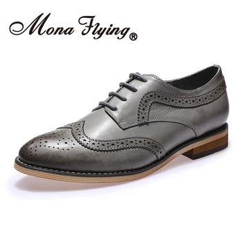 

Mona Flying Women Leather Oxfords Hand-made Shoes Lace-up Pointed Toe Wingtip Derby Saddle Shoes for Women Ladies B098-1