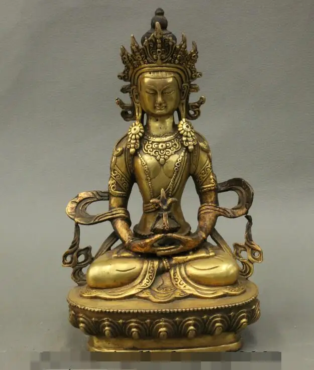 

S07016 8" Tibet Tibetan Buddhism Bronze Longevity Buddha Amitayus Goddess Lotus Statue