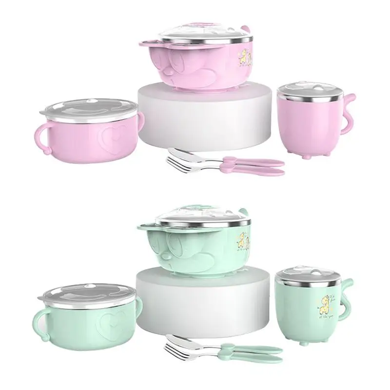 

5 PCS / set Baby Feeding Bowl Stainless Steel Thermal Dishes With Fork Spoon Kids Training Bowls