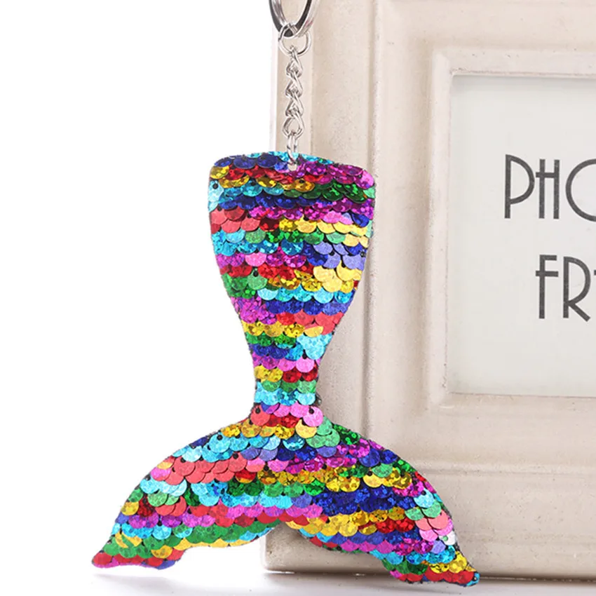 Cute Shiny Mermaid Keychain Glitter Pompom Sequins Key Chain Gift for Women Llaveros Mujer Car Bag Accessories 2120 | Украшения и