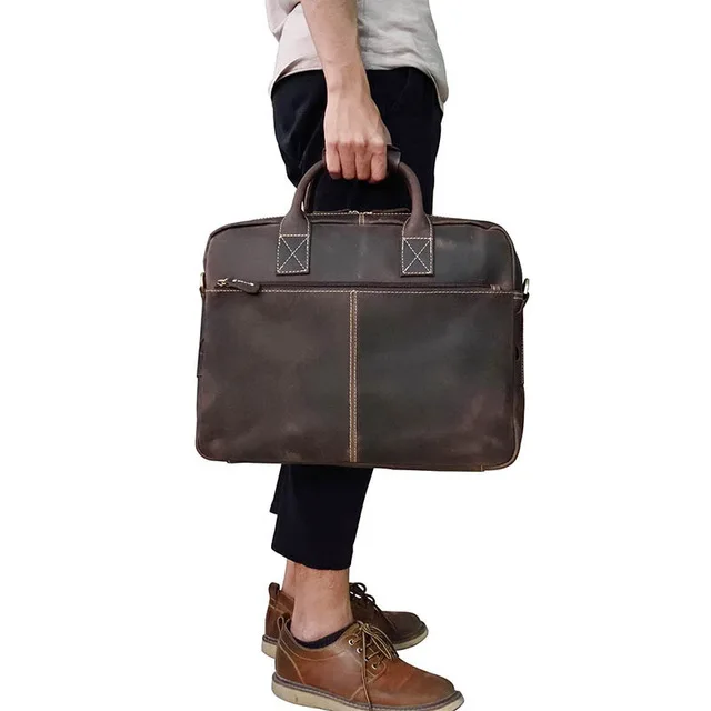 Мужской портфель из натуральной кожи, 16 дюймов, большая вместительность, деловая сумка для ноутбука, винтажная, Crazy Horse, кожаная, для работы, сумка-тоут, сумка на плечо - Цвет: type2(zipper)