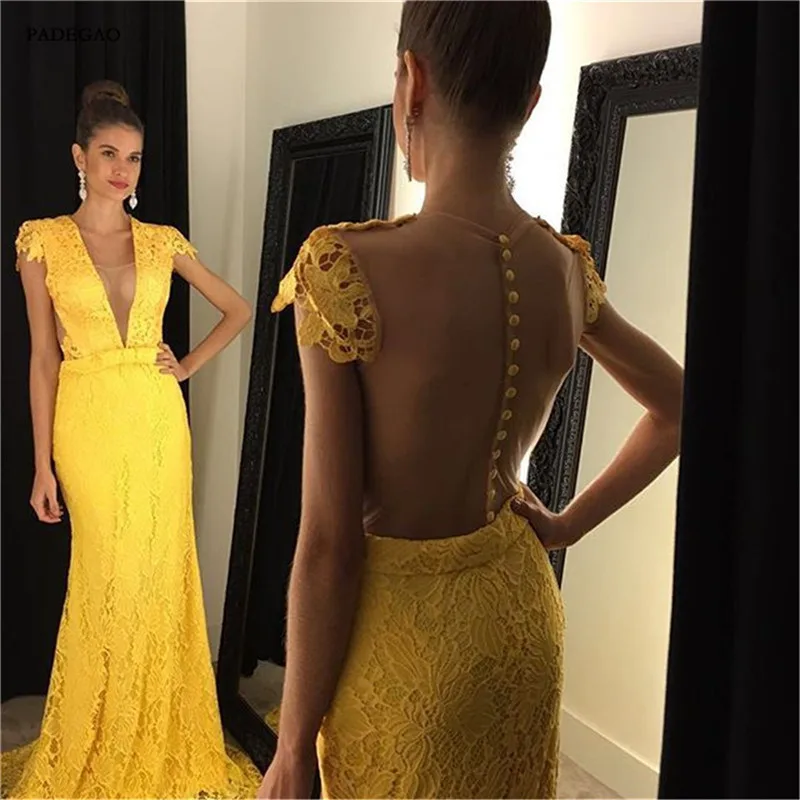 Sexy Deep V Neck Trumpet Tulle Prom Dress, Elegant Yellow Lace Prom Dress with Covered Buttons, Cap Sleeves Long Sweep Train Prom Dress44_副本2_副本_副本