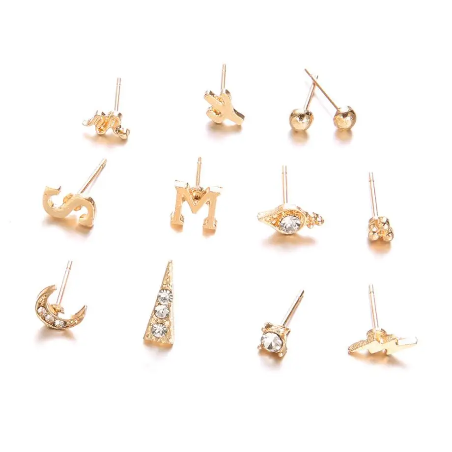 

2018 Hot Mix Bijoux Flower Cactus Letter Crystal Stud Earring Set for Women Boucle D'oreille Jewelry Dazzling Earring Brincos