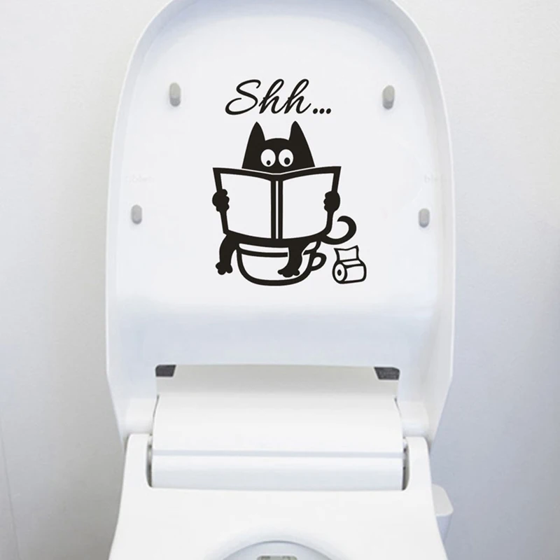 Cute Cat Reading Book Pattern Toilet Wall Stickers Unique Accessories Removable Decal Creative Washing Room Decorations | Дом и сад