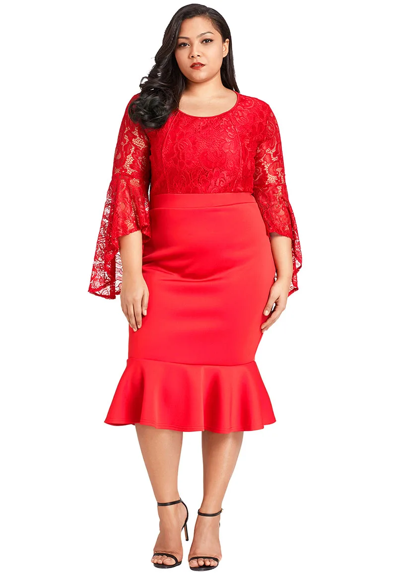 Red-Plus-Size-Lace-Bell-Sleeve-Mermaid-Bodycon-Dress-LC61875-3-4