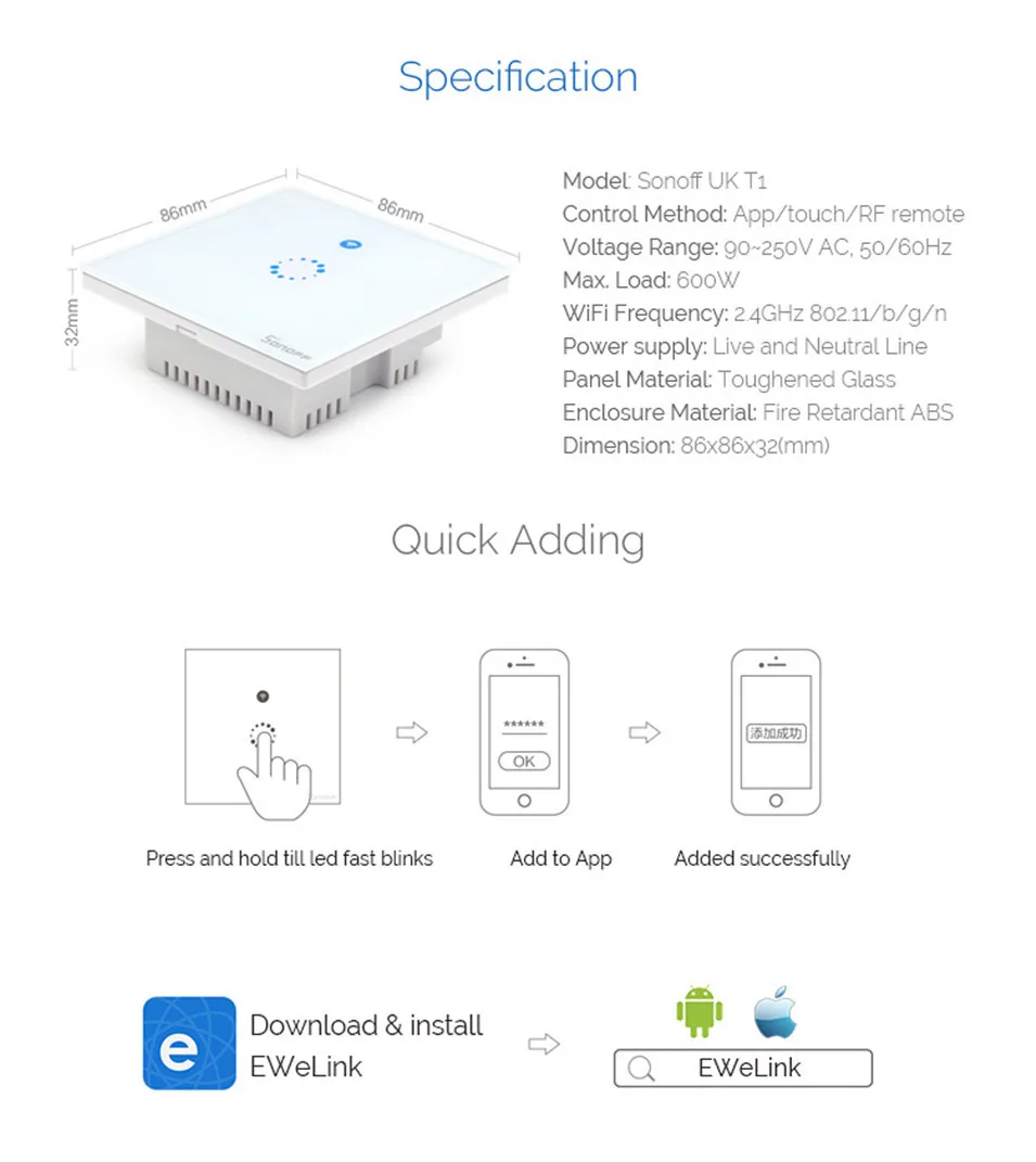 Sonoff T1 Smart WiFi RF APP Touch Control Wall Light Switch 1 Gang 86 Type UK Panel Wall Touch Light Switch Alexa Nest Ewelink-9
