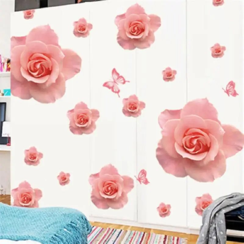 2018 Newest DIY Removable Vinyl 3D Pink Rose Butterfly Flower Wall Stickers Decal Art Home Decor