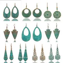 Bohemian water drop earrings statement exaggerated metal green openwork geometric round flowers tassel drop dangle earrings