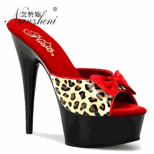 

New Style Butterfly Leopard Lady Sexy Shoes 15cm High Heels Thick Cross Dressing Dress Slippers Gothic Shoes 6 Inch Mcqueen Shoe