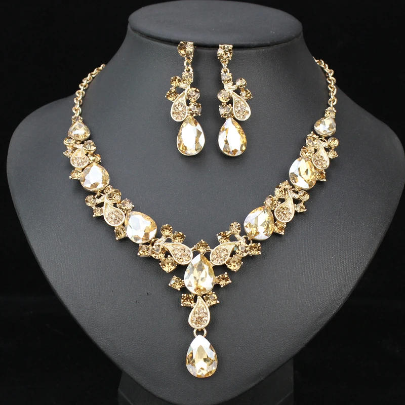 Роскошные индийские Свадебные украшения наборы свадьбы золотого цвета ожерелье серьги наборы кристалл наборы украшения к вечернему наряду для невесты женщин