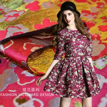 

New burgundy gold line fashion cotton jacquard fabric High-grade cloud jacquard fabric dress brocade fabric clothes