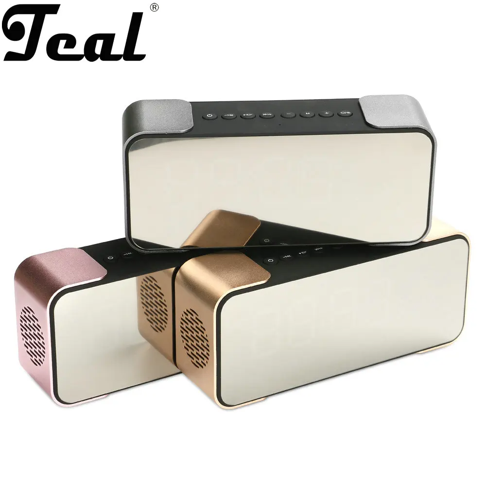 

Teal Bluetooth Speaker Wireless Stereo Aluminum Parlante Portable FM Radio Altavoz Support Time Alarm clock TF Line in Mirror