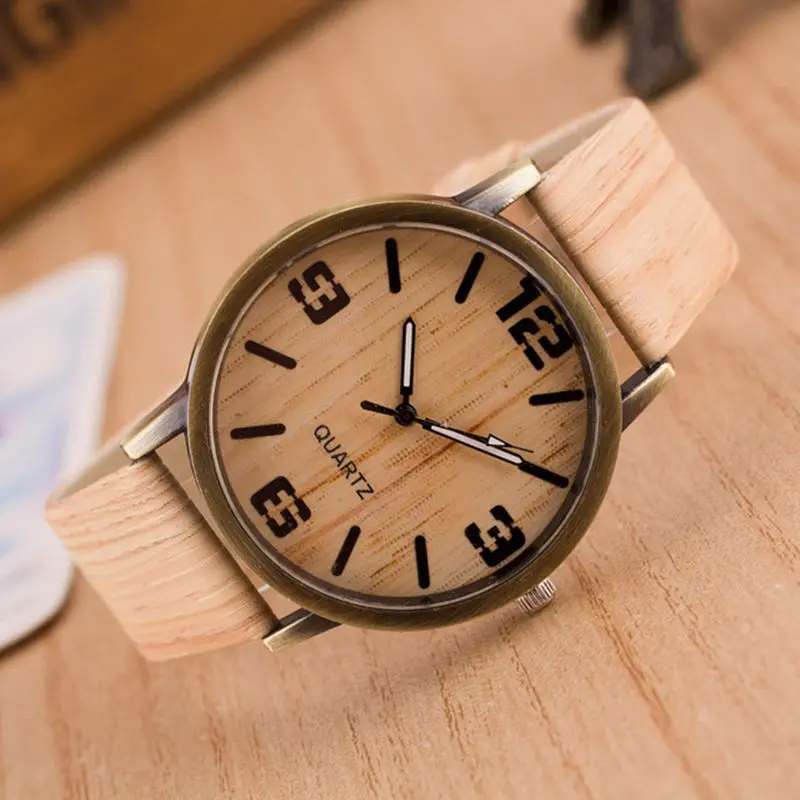 

Zegarki Meskie New Men Fashion Watch Women Brand Design Vintage Wood Grain Watches Faux Leather Casual Quartz Wristwatch Unisex