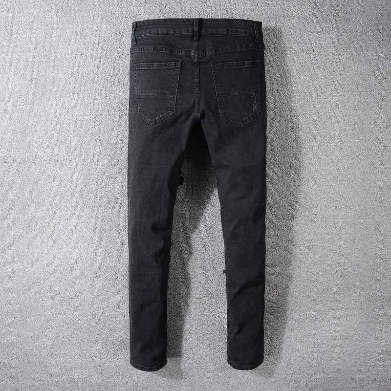 American Streetwear Fashion Men Jeans Black Color Destroyed Ripped Jeans Men Patches Designer Pants Hip Hop Skinny Jeans Men
