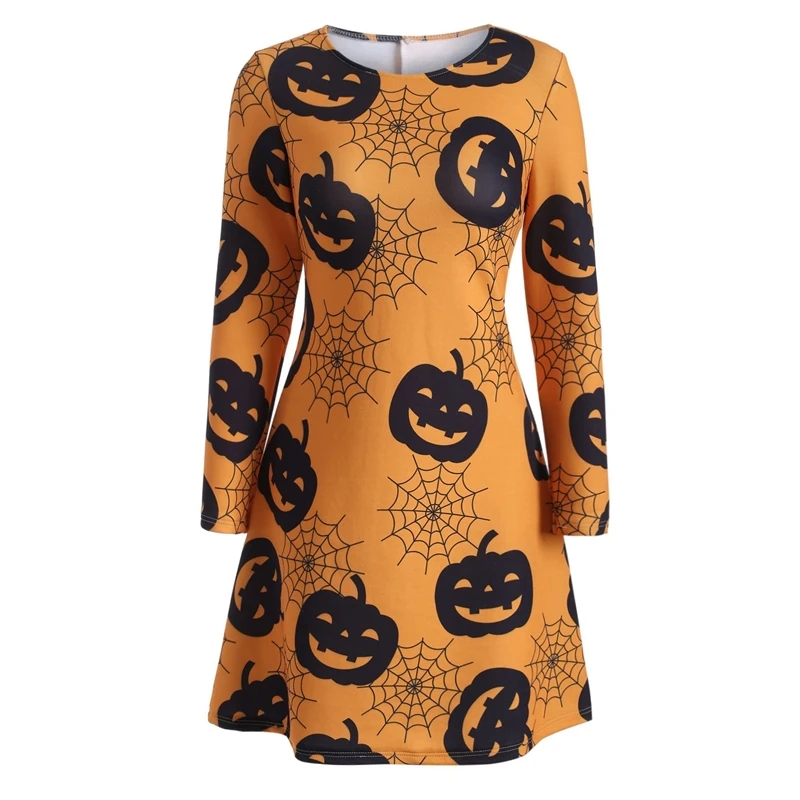 

Womens Ladies Long Sleeve Halloween Dress Print Swing Skater Hallowwas Dress pumpkin ghost pattern 2018