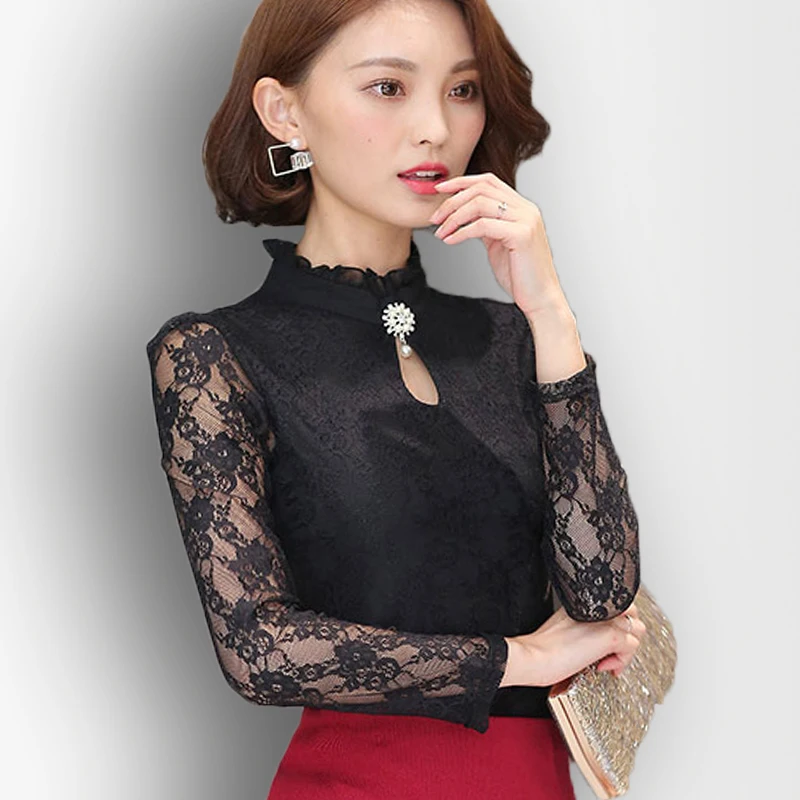 Blusa feminina офисные осень зима Женская кружевная блузка размера плюс с длинными