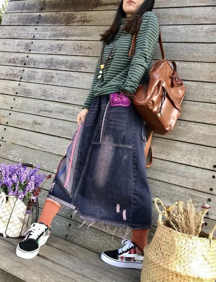 Original spring new literary retro embroidered patch edging tassel denim skirt long skirt female tide