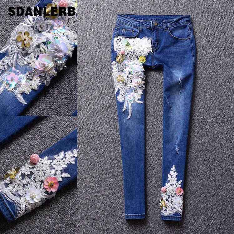 2019 демисезонный Новая мода джинсы со стразами для женщин вышитое блестящим бисером вышитые узкие средства ухода за кожей стоп узкие джинсы