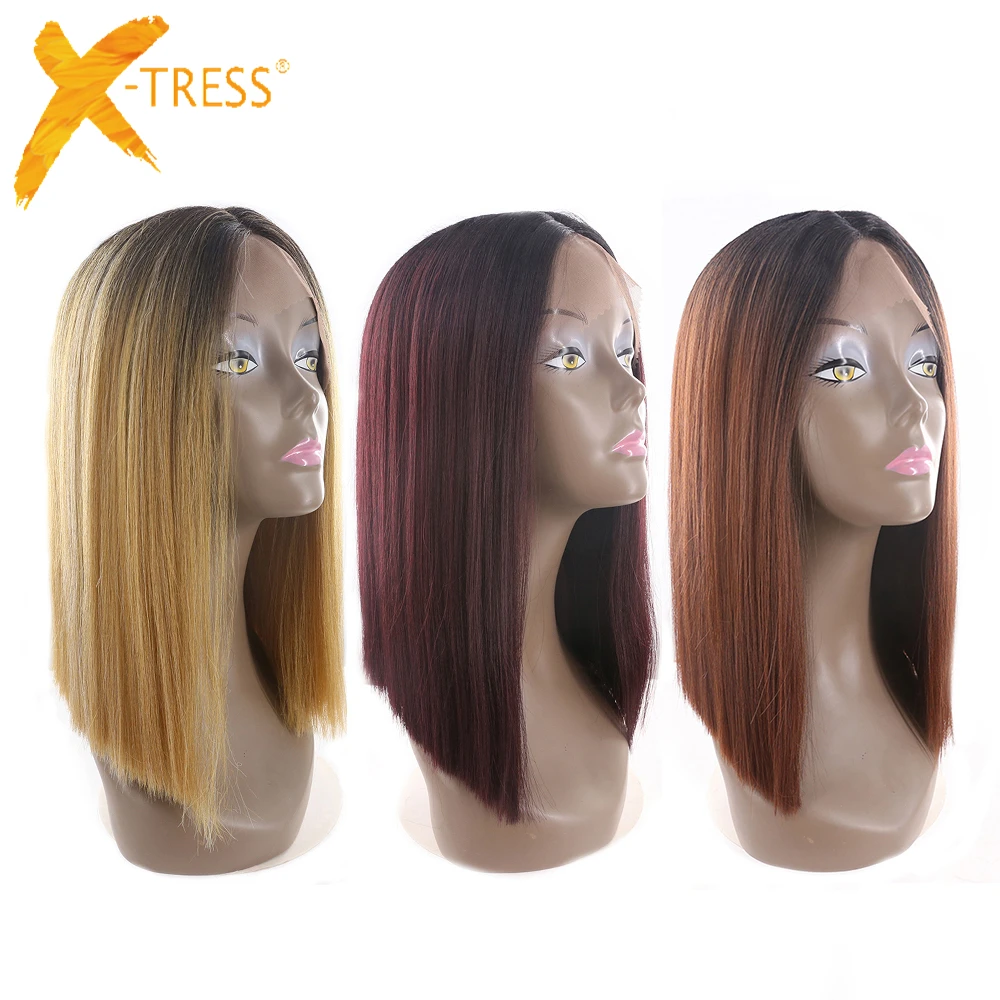 Kopen Ombre Zwart Blond Rode Kleur Korte Bob Lace Front Synthetisch Haar Pruiken X TRESS Yaki Rechte Middenscheiding Blunt Pruiken Voor vrouwen