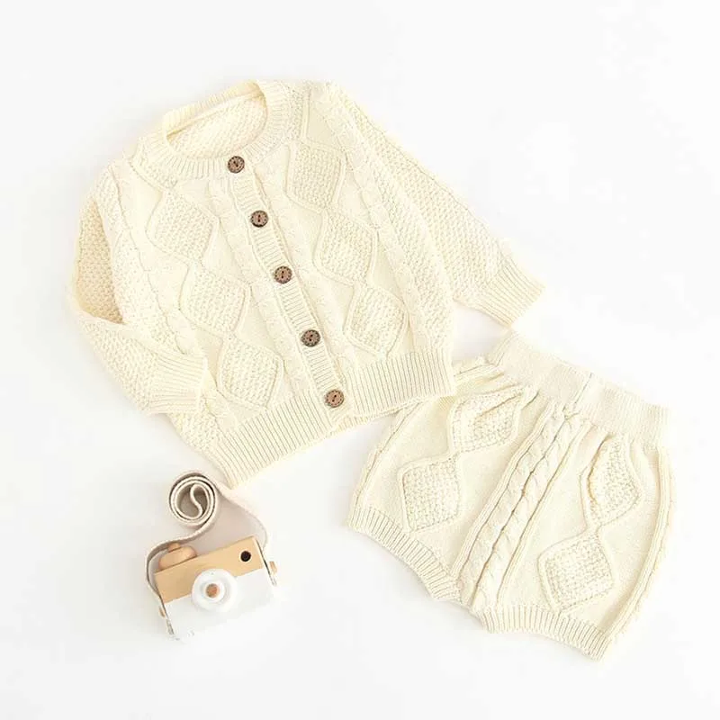 B91S03 White Baby knitting Clothing Sets Two Girls Suit Knit 0-2 Year Cotton Baby Long Sleeve Blouse+ Lotus Leaf Shorts Baby Clothing Set - Цвет: B91S03 White
