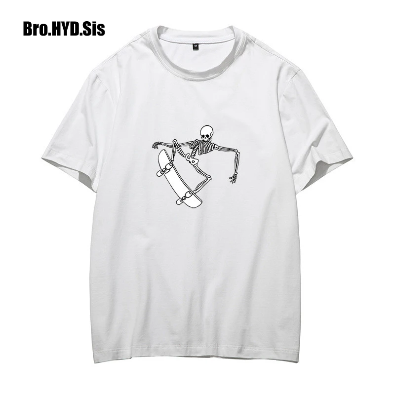 

2019 New Funny Cartoon T-shirts Men Skeleton on Skateboard Graphic Tees Cotton Black Loose Fit Summer Tops Man Clothing EU Size