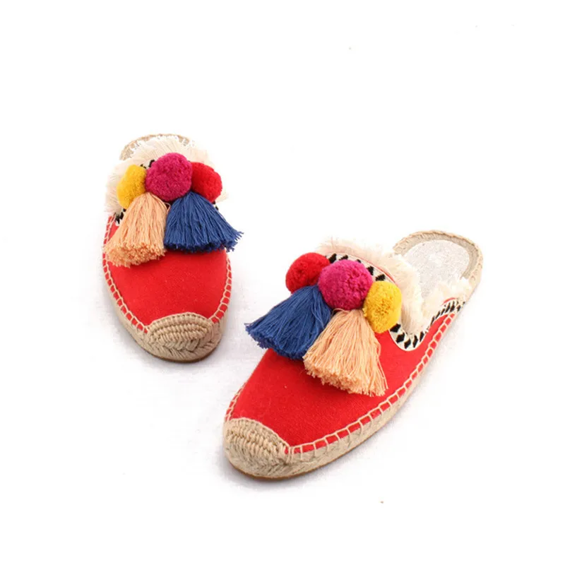 2019 Summer Autumn Fur Balls Mules Casual Shoes Woman High Quality Canvas Hemp Slippers Slip On Rope Female Flats Slides Shoes (10)