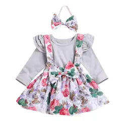 Одежда для маленьких девочек, подтяжки с цветочным принтом, платье/хлопковые топы, комплект одежды для новорожденных, Длинные Пышные