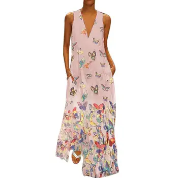 

New Fashion Boho Sleeveless V -cut Plus Size Summer Holiday Beach Evening Women Butterfly Pressure Temporary Lot Long Maxi Dress