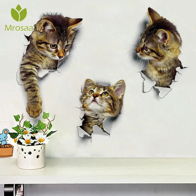 

Mrosaa 1pc 3D Cute Cat Vivid Wall Stickers Bathroom Toilet Kid Sticker Wallpaper Decal Home Decor Waterproof Refrigerator Poster