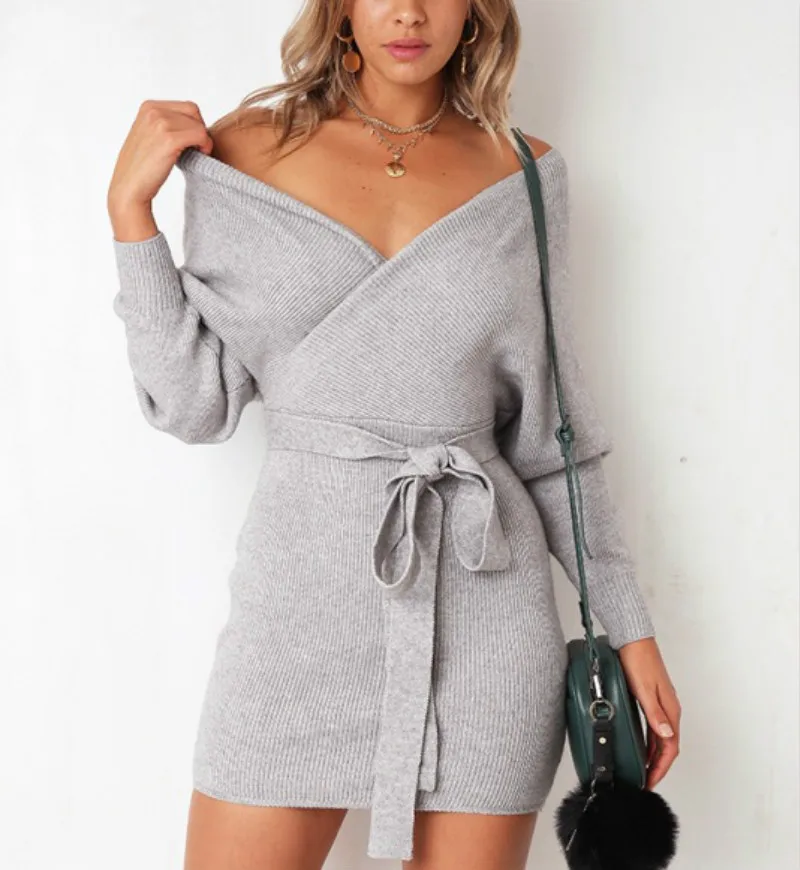 

New Sexy Women V-neck Long Sleeve Dresses Autumn Winter Casual Femme Lady Bodycon Party Mini Dress With Belt