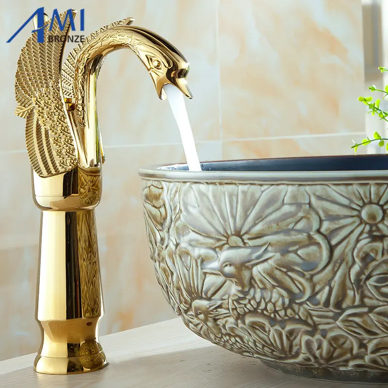

12" Golden Polished Swan Faucets Bathroom Basin Faucet crane Mixer Tap 9002G