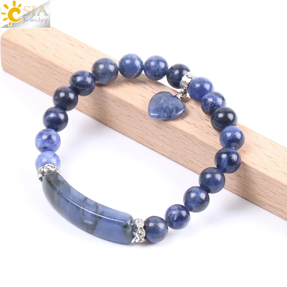 CSJA Natural Stone Sodalite Bracelets for Women Men Love Heart Blue White Dot Beads Stretch Healing Buddhist Prayer Bangles F109