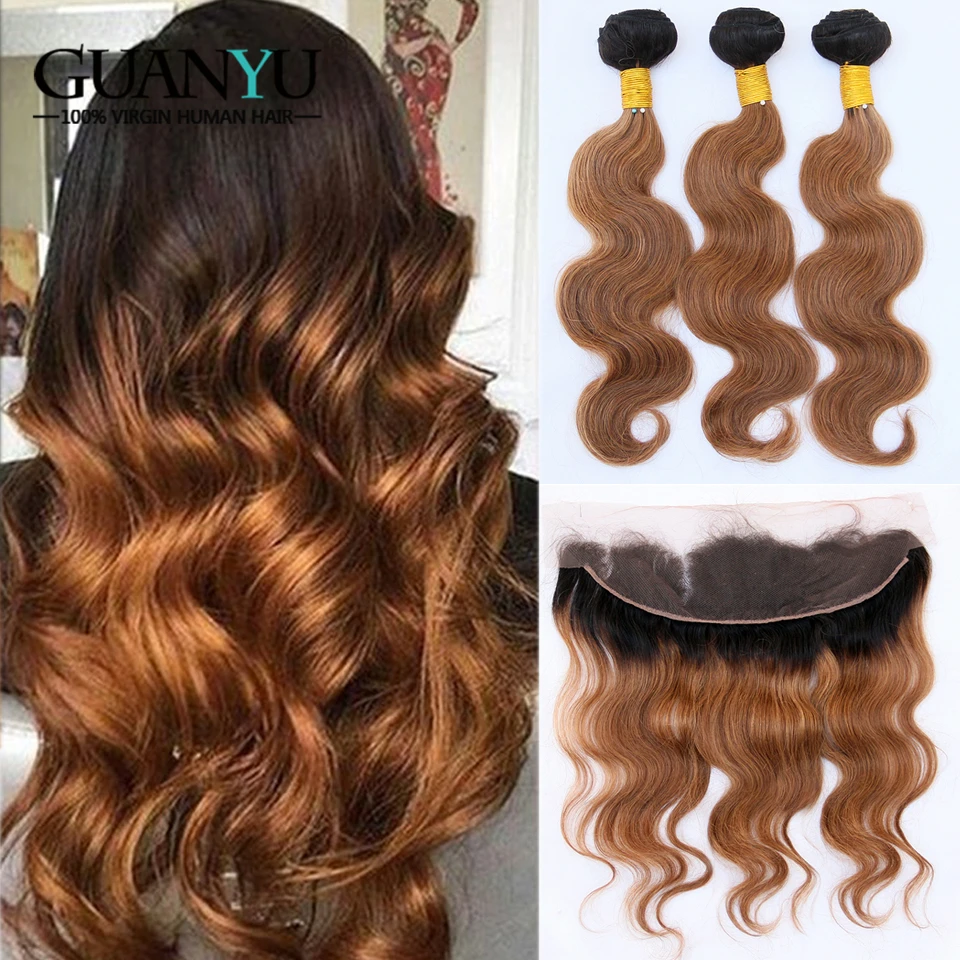 

Guanyuhair 1B/30 Brown Ombre Brazilian Hair Weave Bundle Body Wave Human Hair Remy Hair 3 Bundles With Frontal 13X4