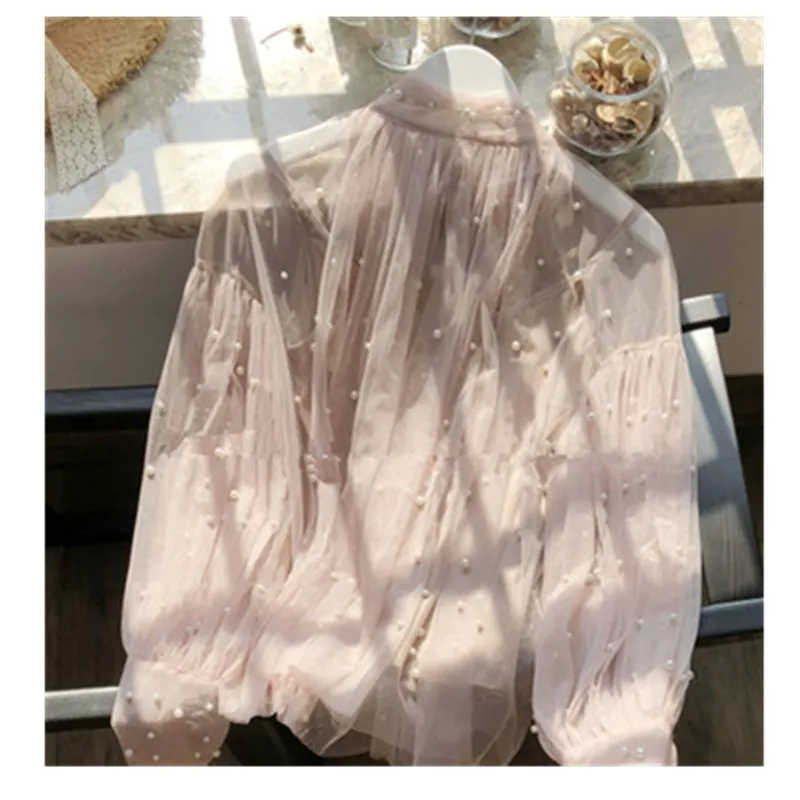 Милая женская рубашка с пузырями, с рукавами-фонариками, с жемчугом, марлевые блузки, женские весенние элегантные топы - Цвет: Розовый